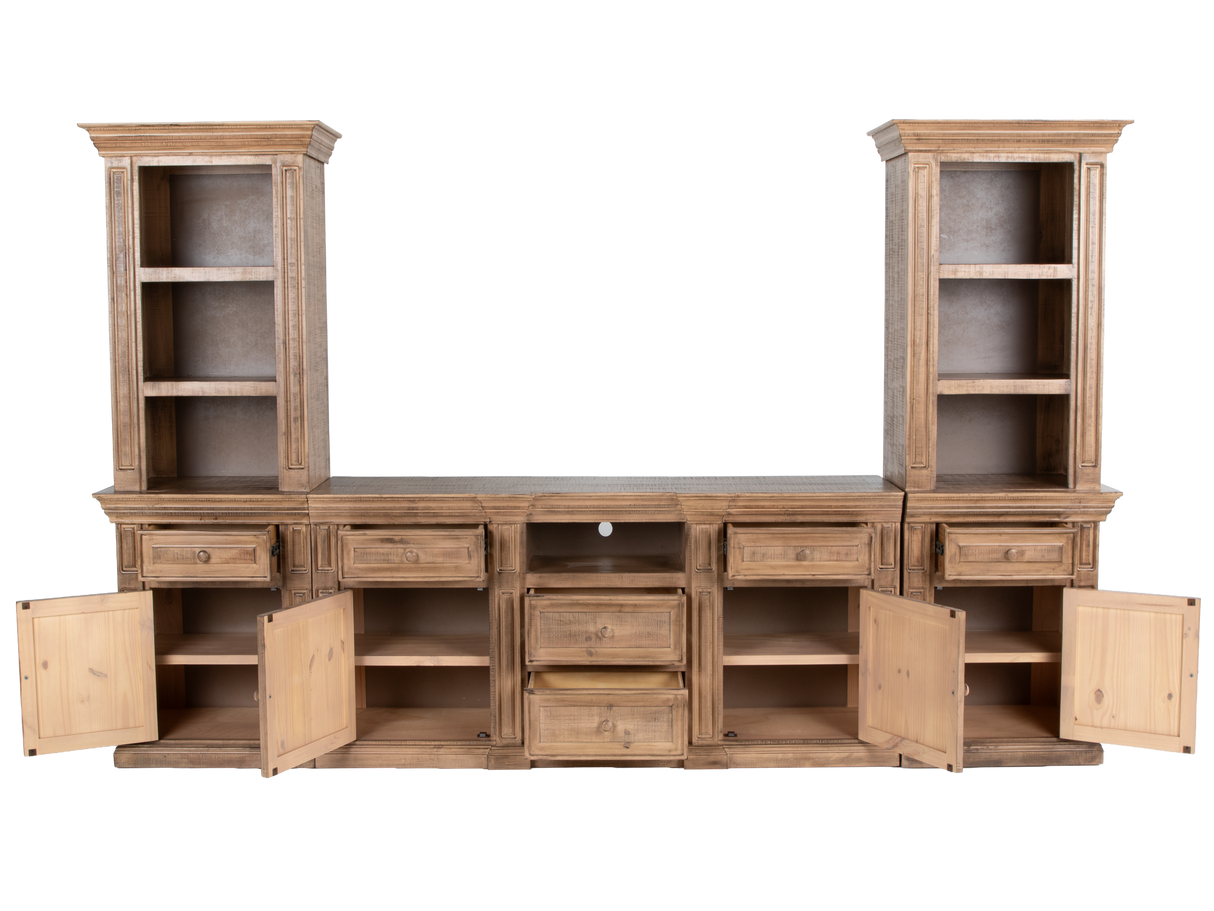 Rustic Brown 3-Piece Entertainment Wall Unit with Bookcase Piers & Storage Console
