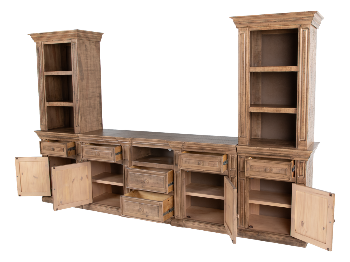 Rustic Brown 3-Piece Entertainment Wall Unit with Bookcase Piers & Storage Console