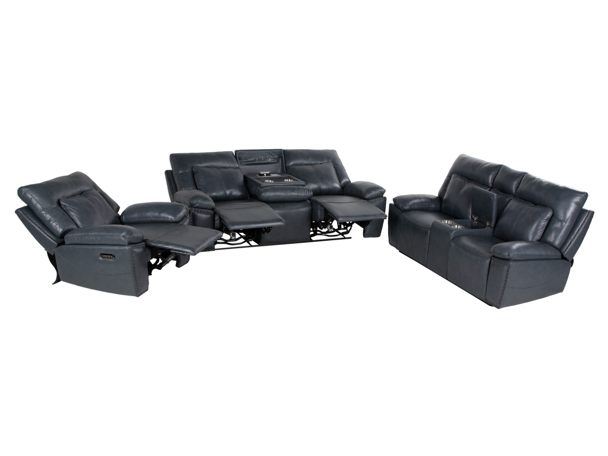 Modern 3-Piece Top Grain Leather Power Reclining Living Room Set with Console, Drop-Down Table, Cup Holders & USB (Slate)