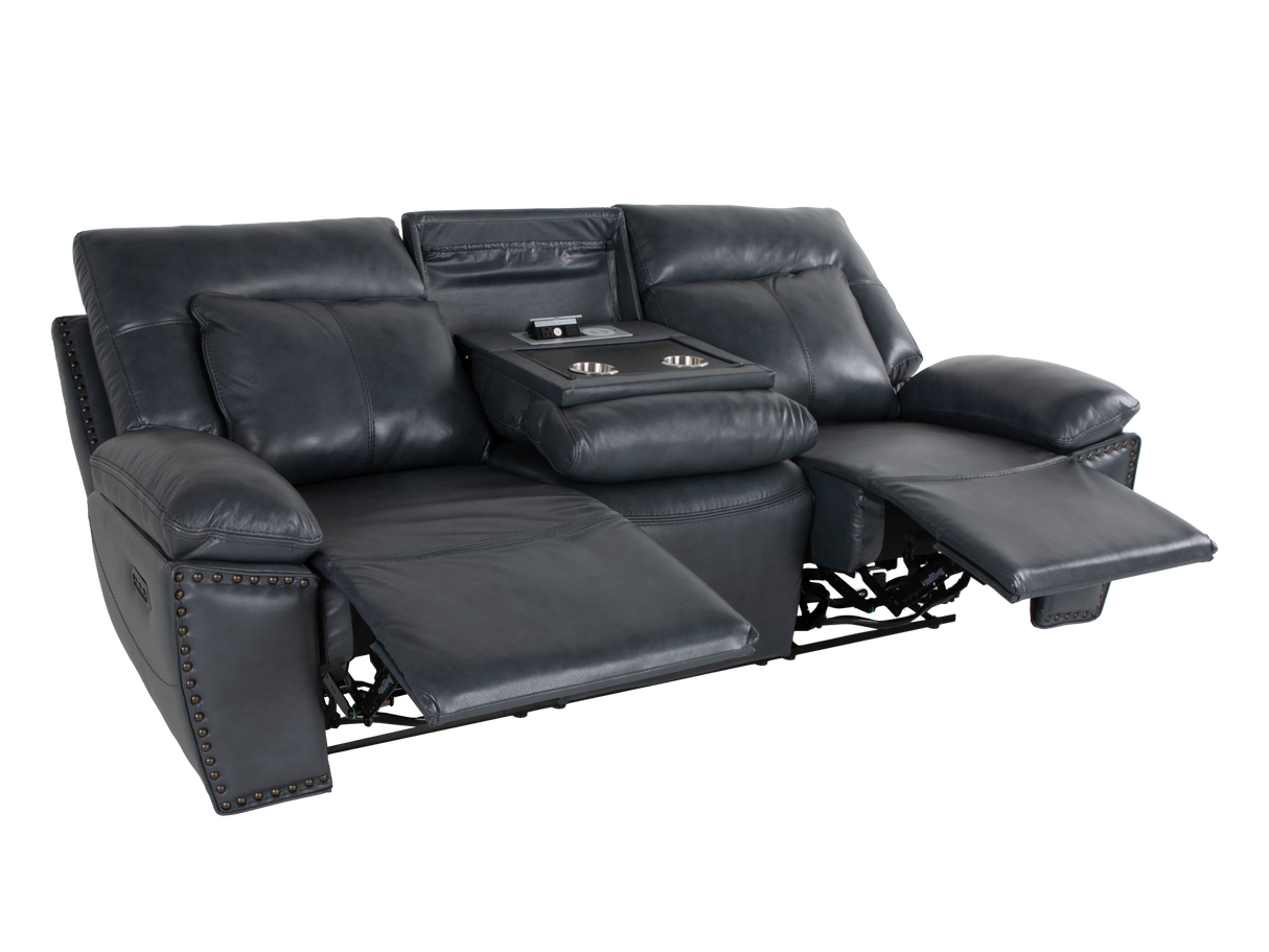 Modern 3-Piece Top Grain Leather Power Reclining Living Room Set with Console, Drop-Down Table, Cup Holders & USB (Slate)