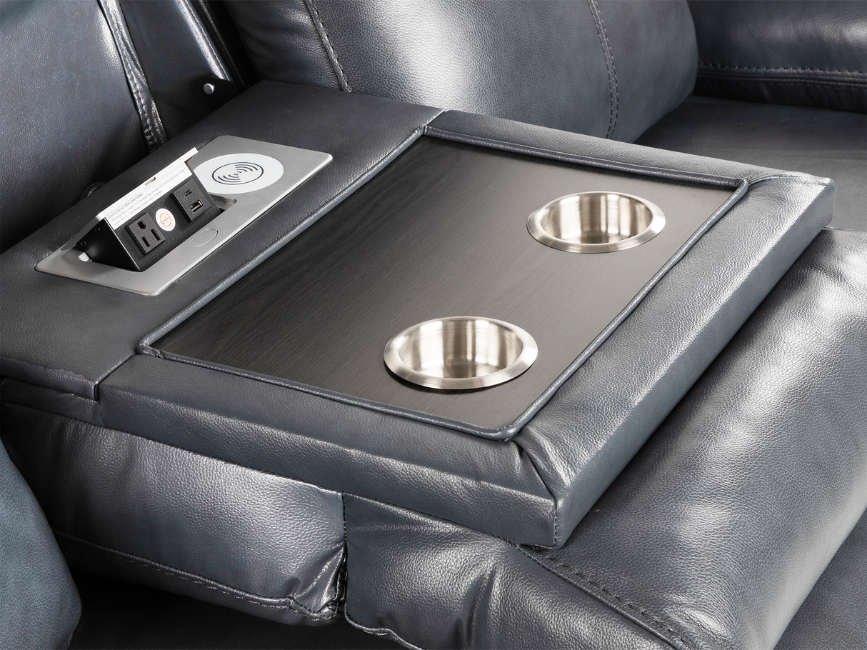 Modern 3-Piece Top Grain Leather Power Reclining Living Room Set with Console, Drop-Down Table, Cup Holders & USB (Slate)