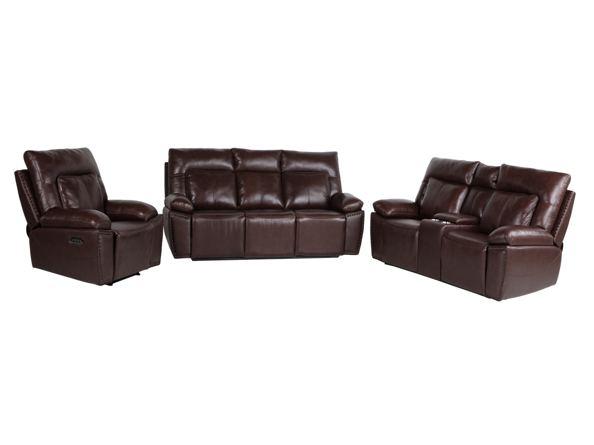 Dark Brown 3‑Piece Reclining Living Room Set with Top‑Grain Leather Seating