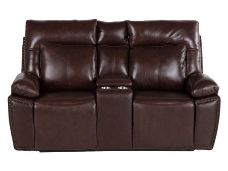 Brown leather sofa with reclining mechanism on a white background