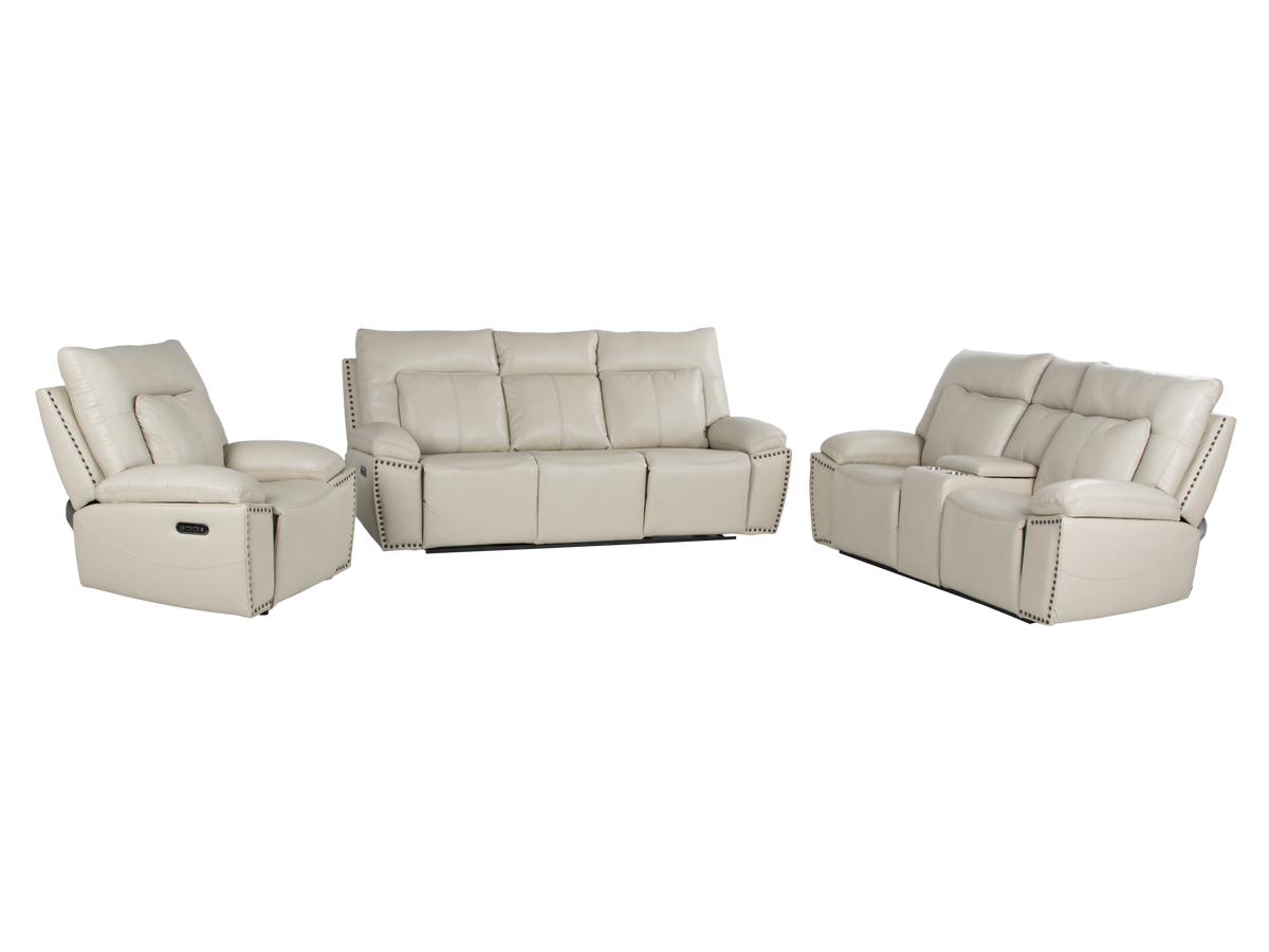3-Piece Top Grain Leather Power Reclining Living Room Set with Console, Drop-Down Table, Cup Holders & USB (Cream)