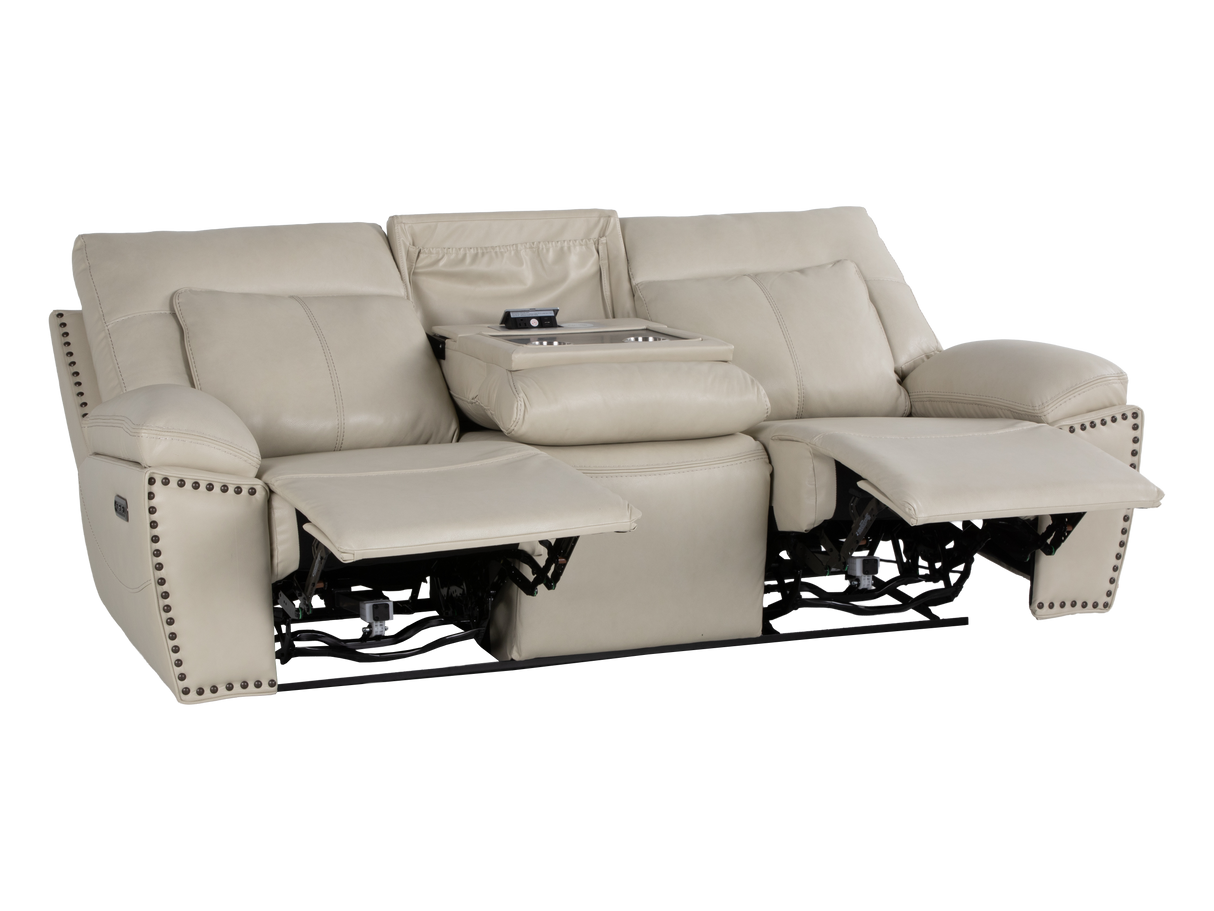3-Piece Top Grain Leather Power Reclining Living Room Set with Console, Drop-Down Table, Cup Holders & USB (Cream)