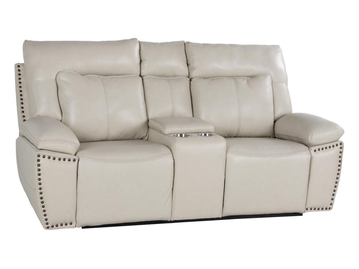 3-Piece Top Grain Leather Power Reclining Living Room Set with Console, Drop-Down Table, Cup Holders & USB (Cream)