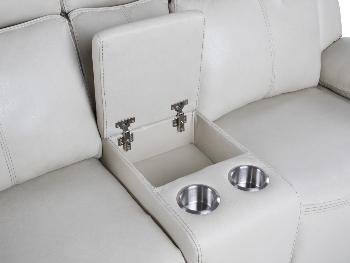 3-Piece Top Grain Leather Power Reclining Living Room Set with Console, Drop-Down Table, Cup Holders & USB (Cream)
