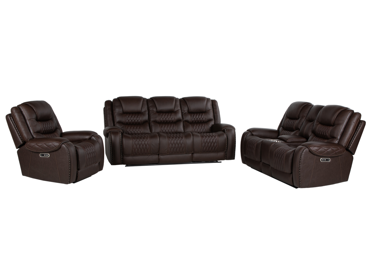 Umber Contemporary Top Grain Leather 3-Piece Dual Power Reclining Living Room Set with Console, USB & Wireless Charging