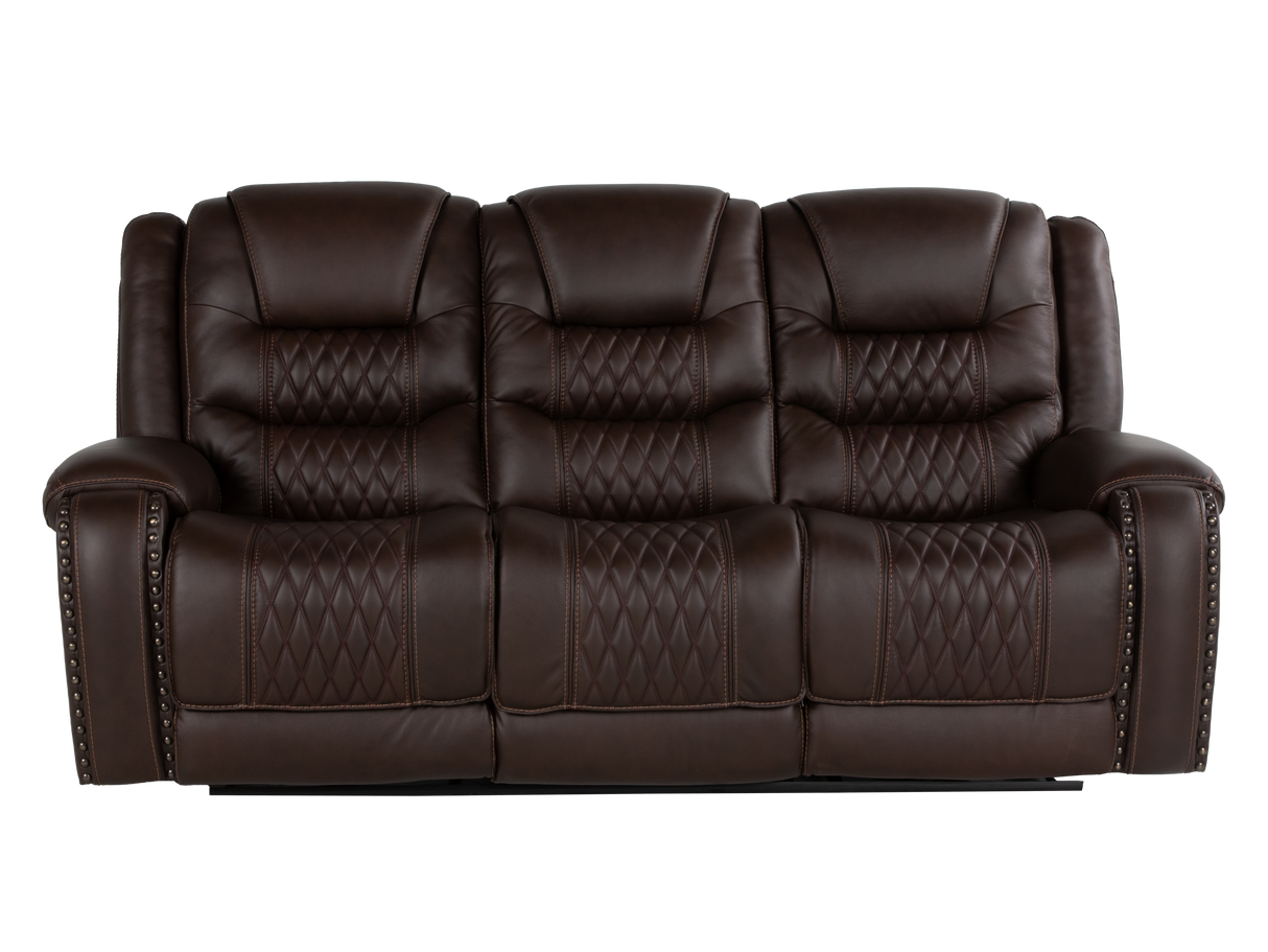 Umber Contemporary Top Grain Leather 3-Piece Dual Power Reclining Living Room Set with Console, USB & Wireless Charging