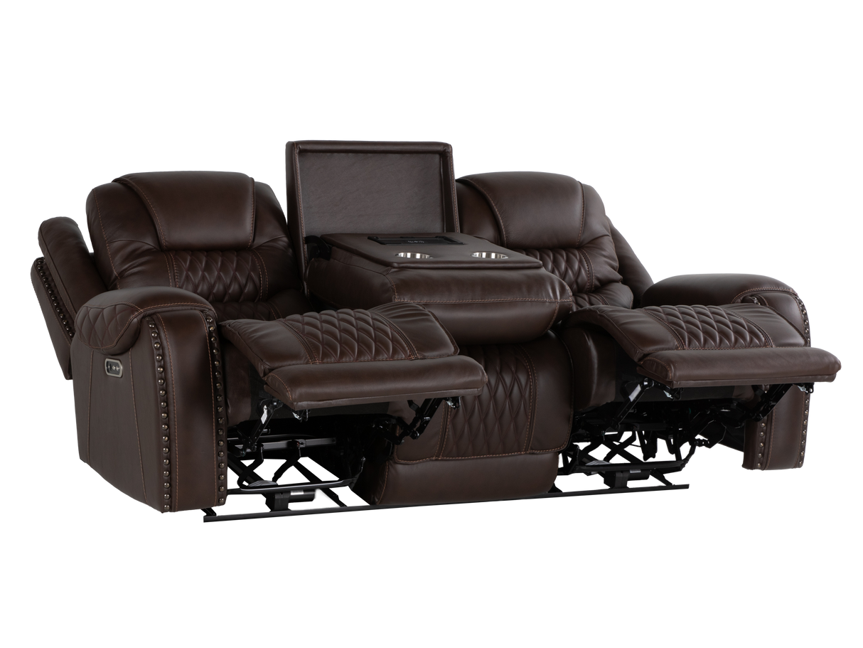 Umber Contemporary Top Grain Leather 3-Piece Dual Power Reclining Living Room Set with Console, USB & Wireless Charging