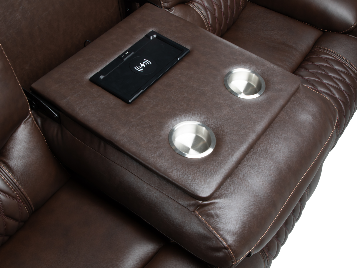 Umber Contemporary Top Grain Leather 3-Piece Dual Power Reclining Living Room Set with Console, USB & Wireless Charging