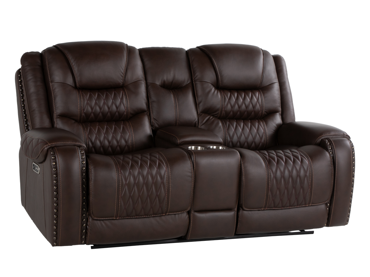 Umber Contemporary Top Grain Leather 3-Piece Dual Power Reclining Living Room Set with Console, USB & Wireless Charging
