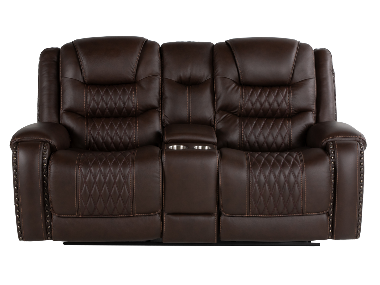 Umber Contemporary Top Grain Leather 3-Piece Dual Power Reclining Living Room Set with Console, USB & Wireless Charging
