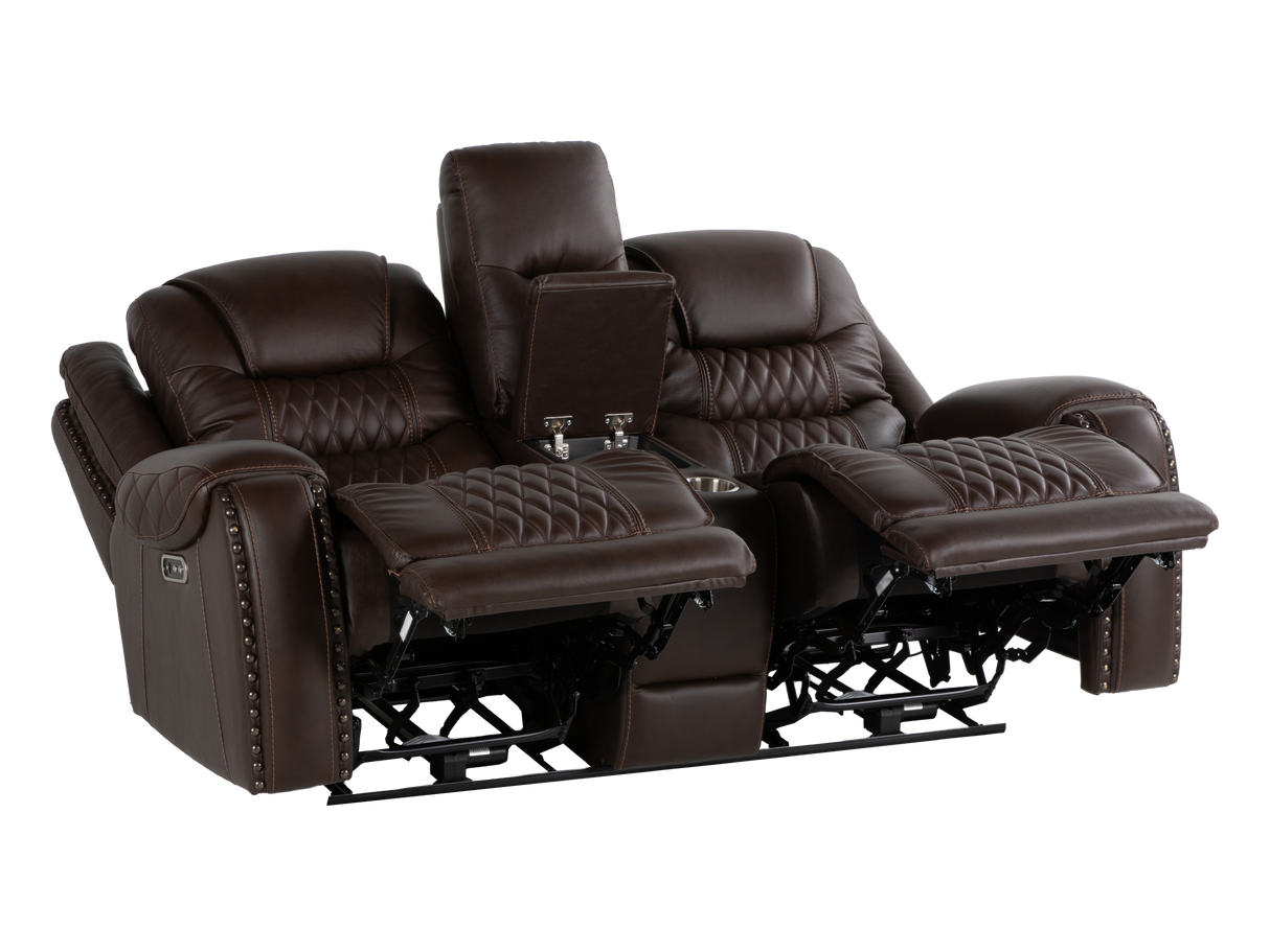 Umber Contemporary Top Grain Leather 3-Piece Dual Power Reclining Living Room Set with Console, USB & Wireless Charging