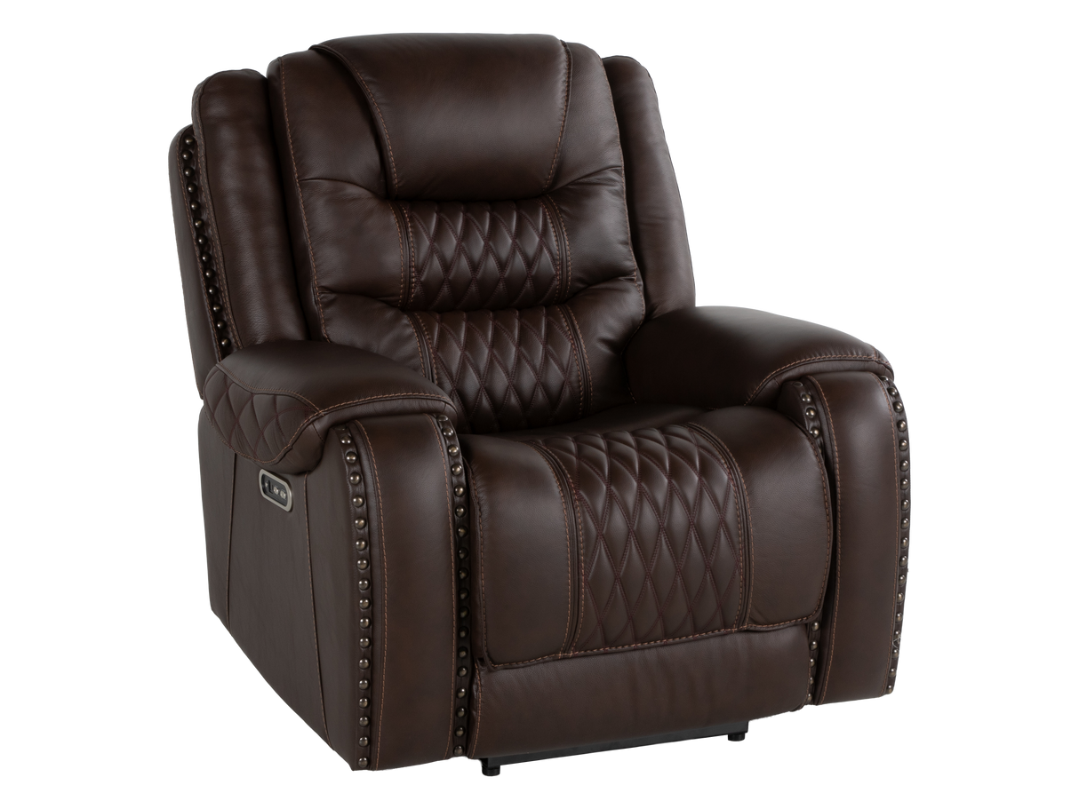 Umber Contemporary Top Grain Leather 3-Piece Dual Power Reclining Living Room Set with Console, USB & Wireless Charging