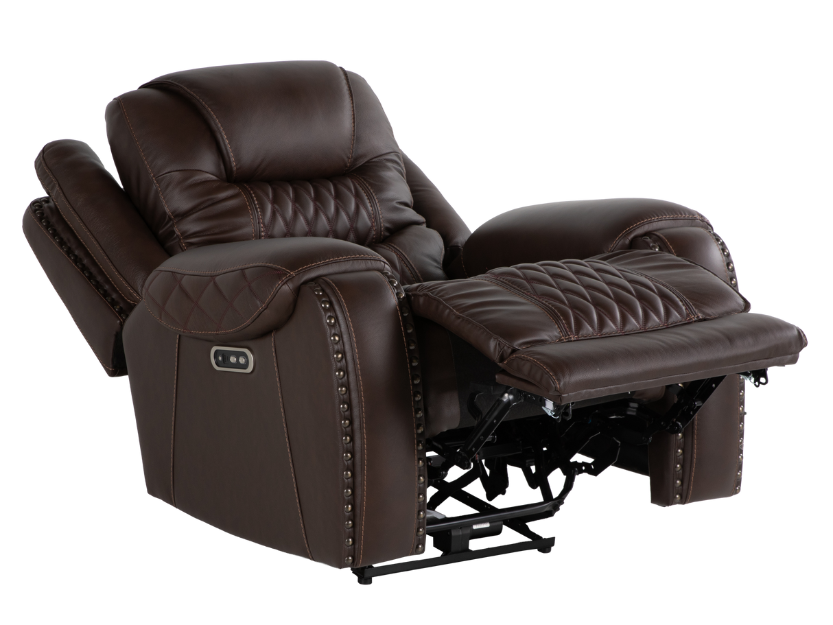 Umber Contemporary Top Grain Leather 3-Piece Dual Power Reclining Living Room Set with Console, USB & Wireless Charging