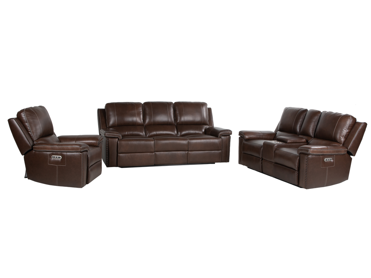 Chestnut Top Grain Leather Contemporary 3-Piece Dual Power Reclining Living Room Set with Console