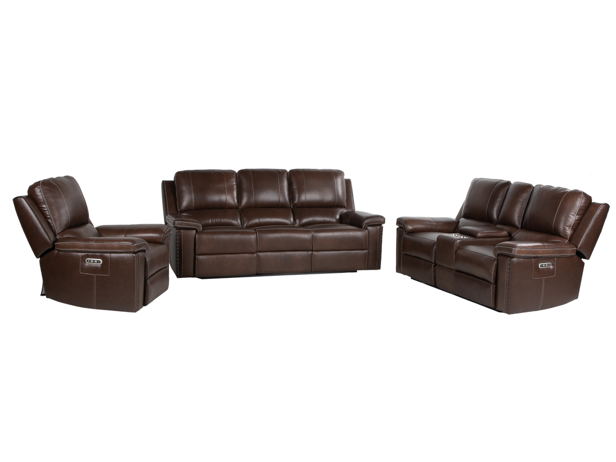 Chestnut Top Grain Leather Contemporary 3-Piece Dual Power Reclining Living Room Set with Console