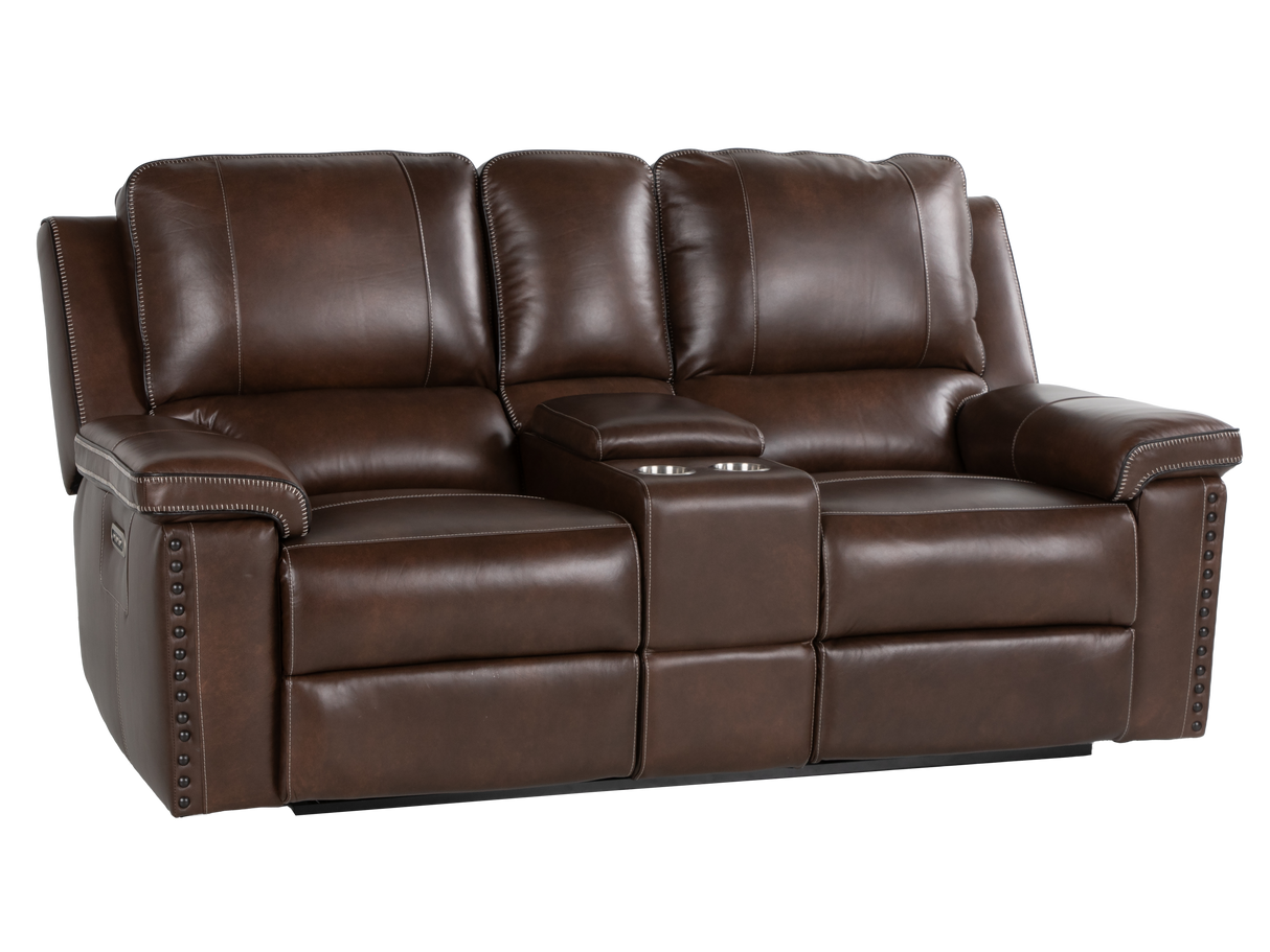 Chestnut Top Grain Leather Contemporary 3-Piece Dual Power Reclining Living Room Set with Console