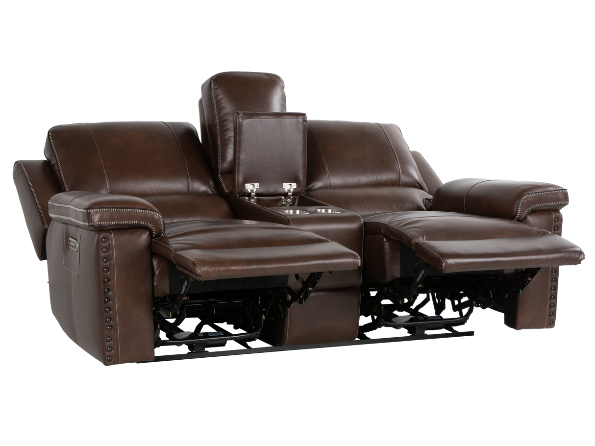 Chestnut Top Grain Leather Contemporary 3-Piece Dual Power Reclining Living Room Set with Console