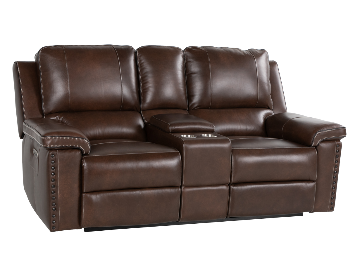 Chestnut Top Grain Leather Contemporary 3-Piece Dual Power Reclining Living Room Set with Console