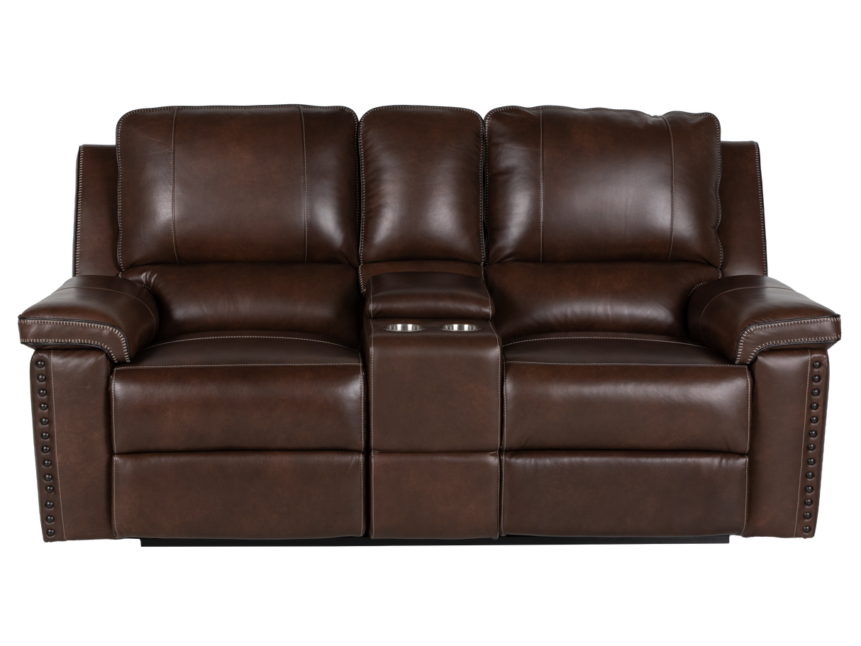 Chestnut Top Grain Leather Contemporary 3-Piece Dual Power Reclining Living Room Set with Console