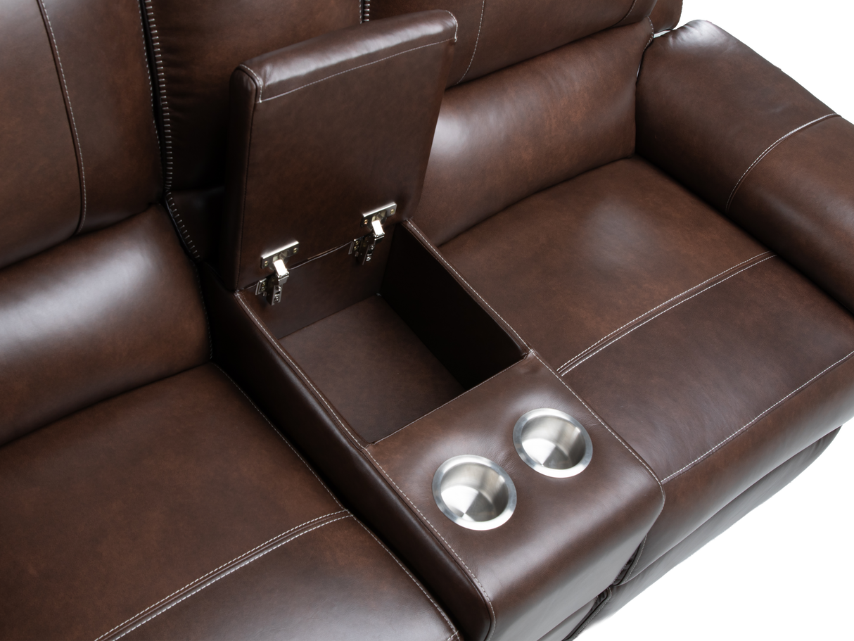 Chestnut Top Grain Leather Contemporary 3-Piece Dual Power Reclining Living Room Set with Console