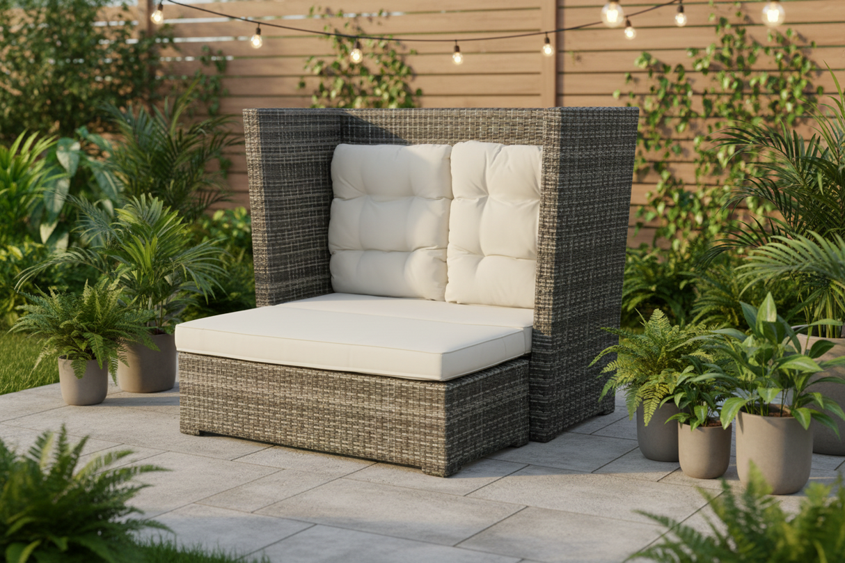 Gray Wicker Outdoor Lounge Chair with High Back and Cream Cushions