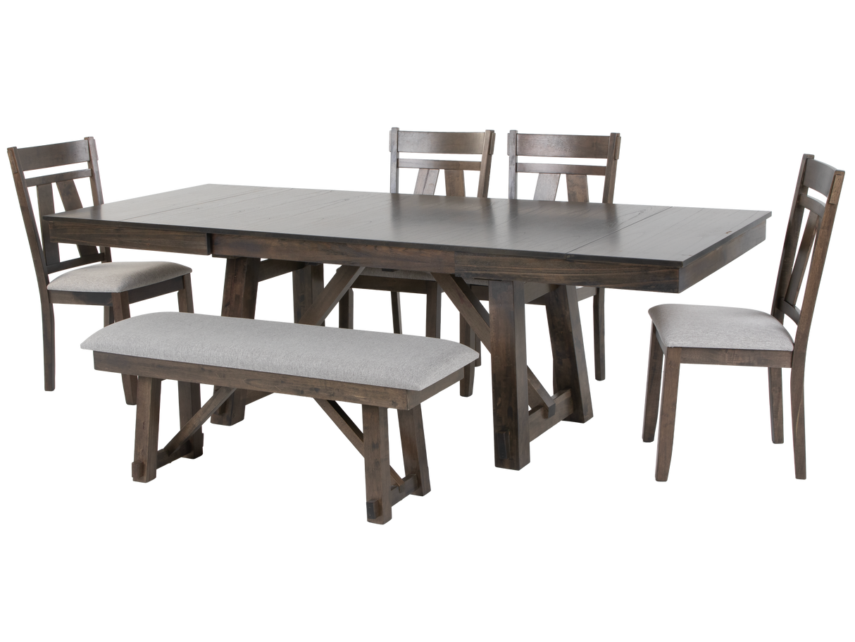 Rustic Trestle 6-Piece Dining Set with Extension Table, 4 Chairs & Bench – Dark Brown