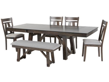 Rustic Trestle 6-Piece Dining Set with Extension Table, 4 Chairs & Bench – Dark Brown