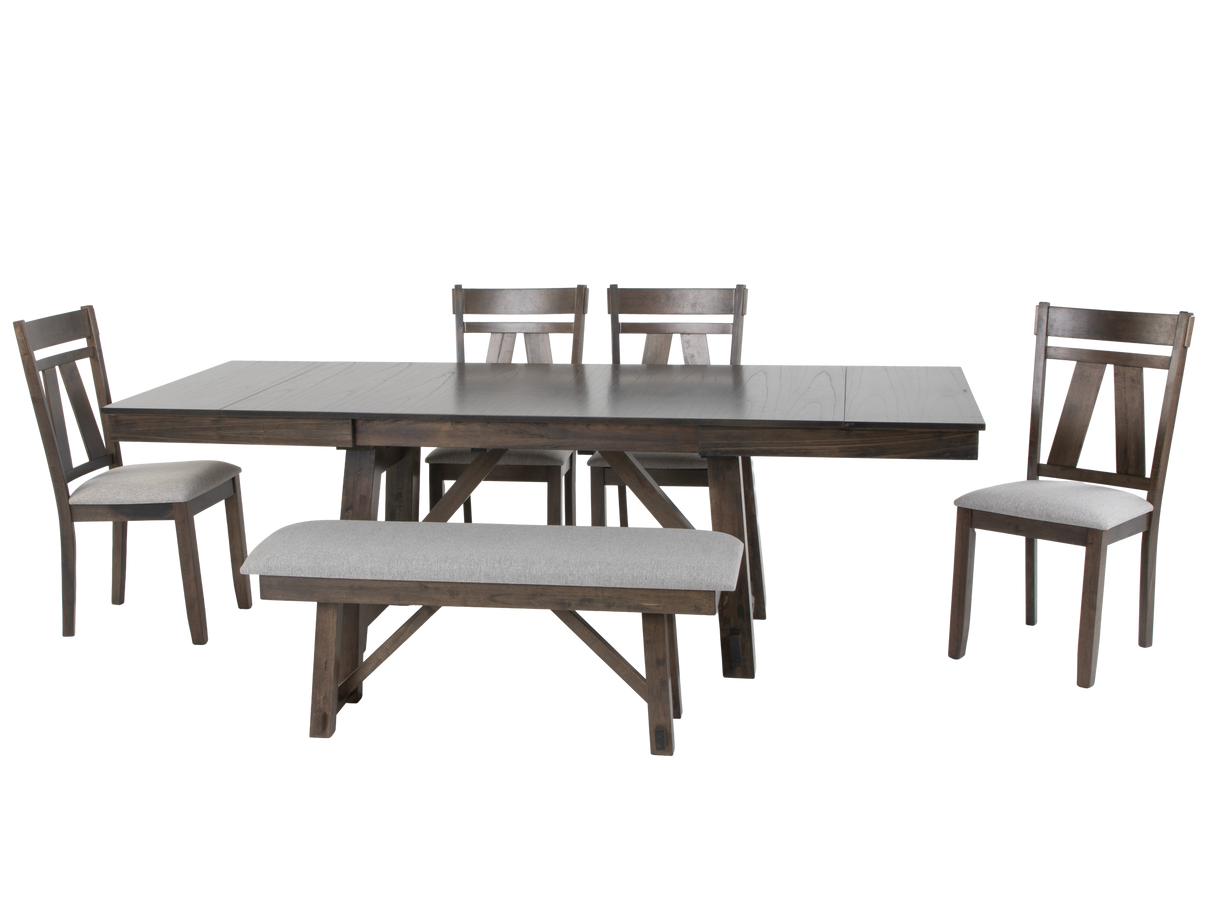 Rustic Trestle 6-Piece Dining Set with Extension Table, 4 Chairs & Bench – Dark Brown