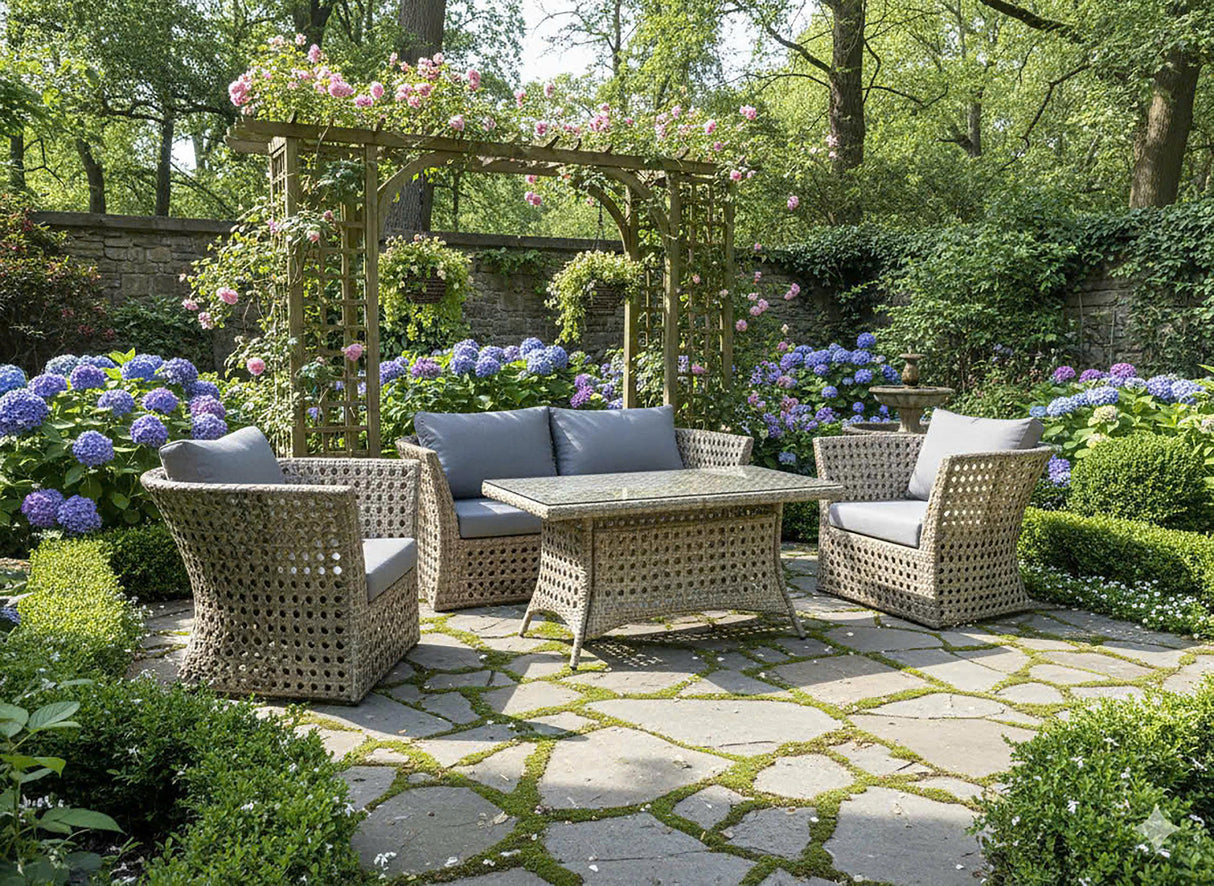 4-Piece Outdoor Wicker Conversation Patio Set with Sofa, 2 Chairs & Glass-Top Table