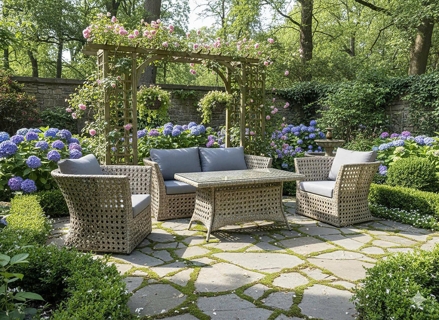 Four-piece outdoor wicker conversation patio set with sofa, two chairs and a glass-top table