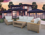 5-Piece Wicker Outdoor Conversation Set with Acacia Coffee Table – Cream Cushions