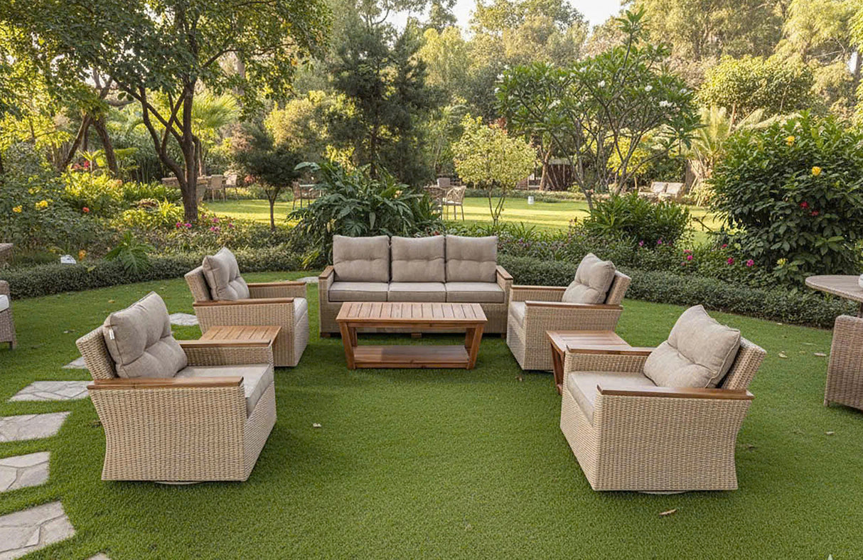Light Brown Contemporary Wicker 8-Piece Outdoor/Patio Set with 4 Swivel Chairs & Acacia Tables