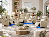Cream Faux Leather 3-Piece Dual Power Reclining Living Room Set with Bluetooth & LED Lights