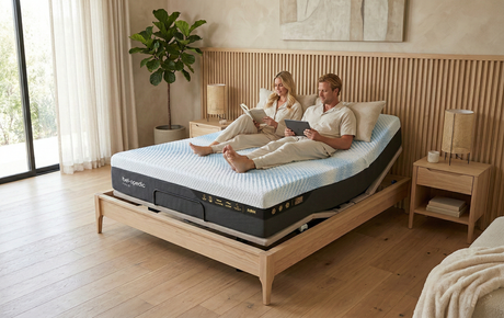 Two people sitting on a adjustable bed in a bedroom.
