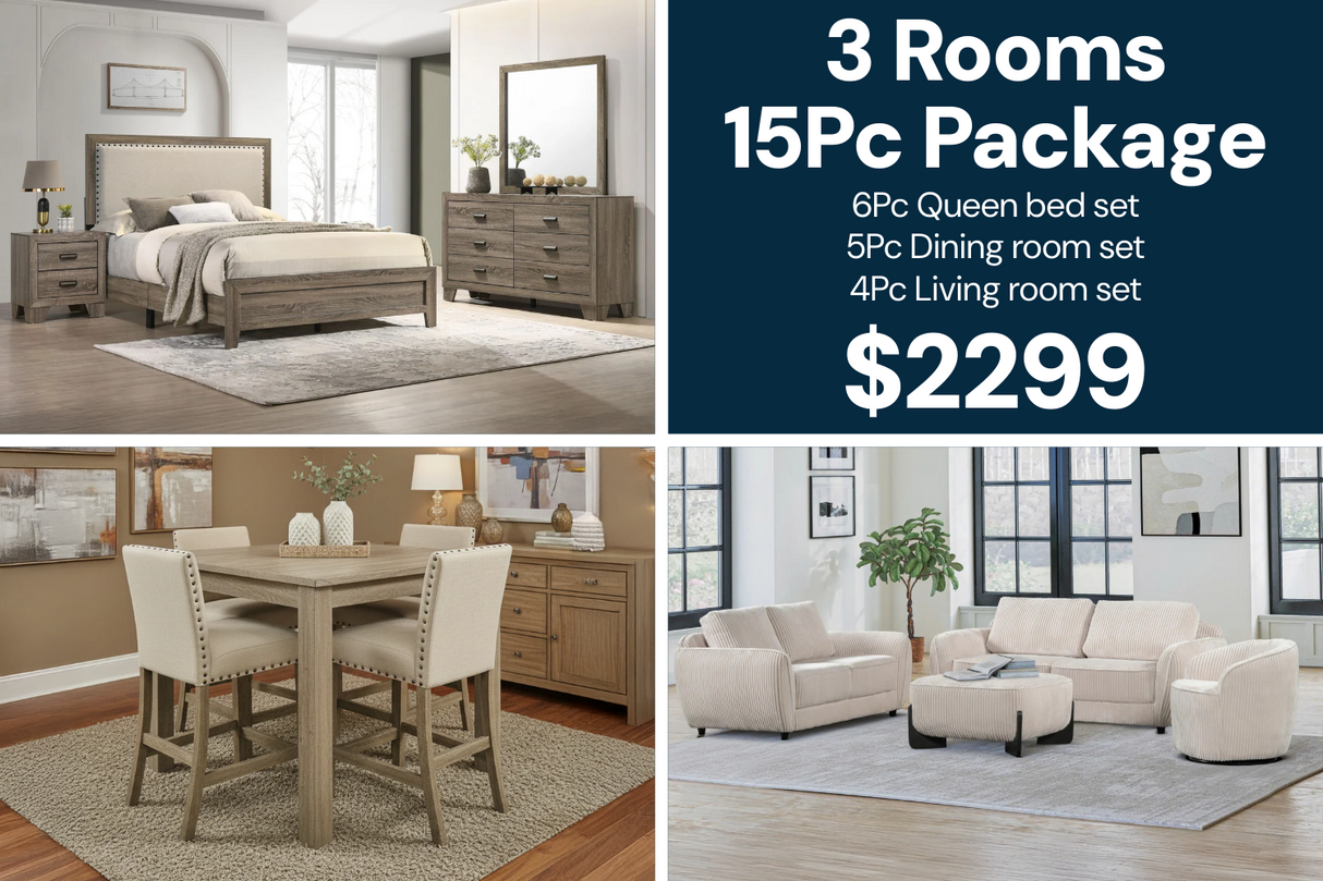 Light Gray 3-Room 15-Piece Furniture Bundle Package