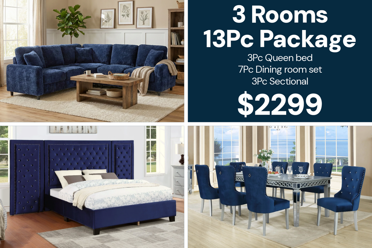 Blue Modern 3 Room Furniture Package with Tufted Queen Bed, Dining Set & Sectional Sofa