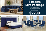 Blue Modern 3 Room Furniture Package with Tufted Queen Bed, Dining Set & Sectional Sofa