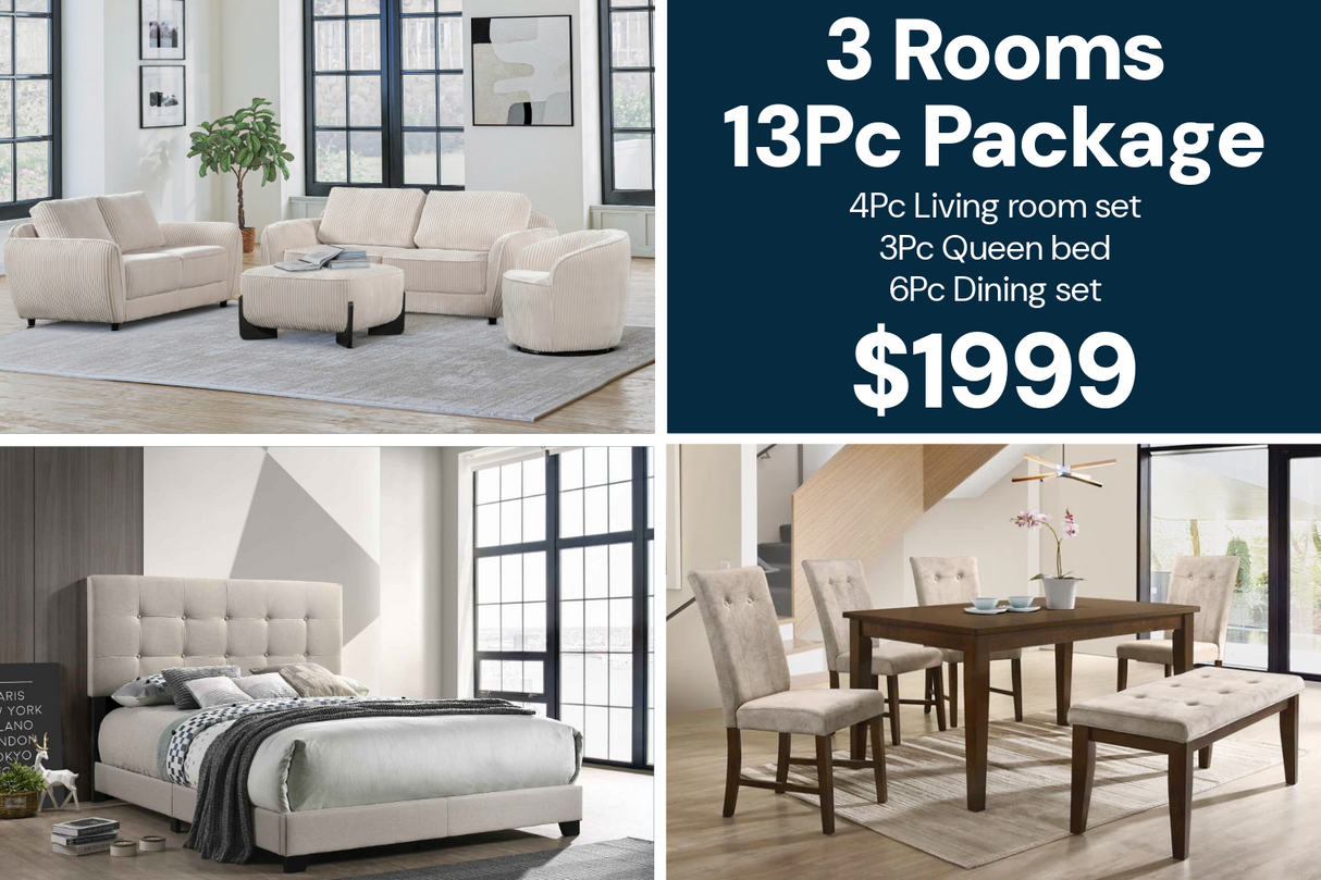 Neutral Modern 3 Room Furniture Package with 4 Piece Living Room Set, Queen Bed & 6 Piece Dining Set