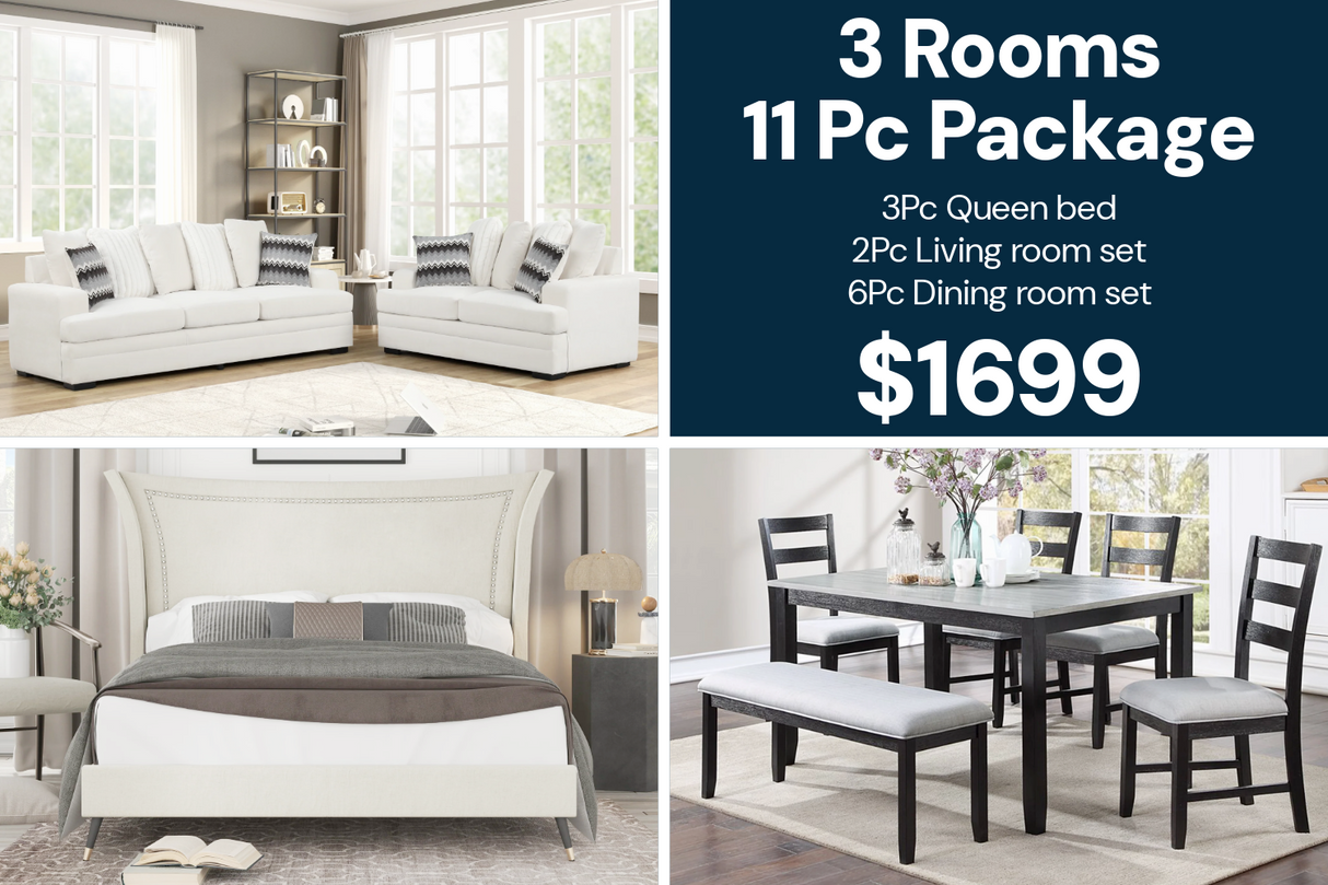Beige Modern 3 Room Furniture Package with Wingback Queen Bed, 6 Piece Dining Set & 2 Piece Living Room Set