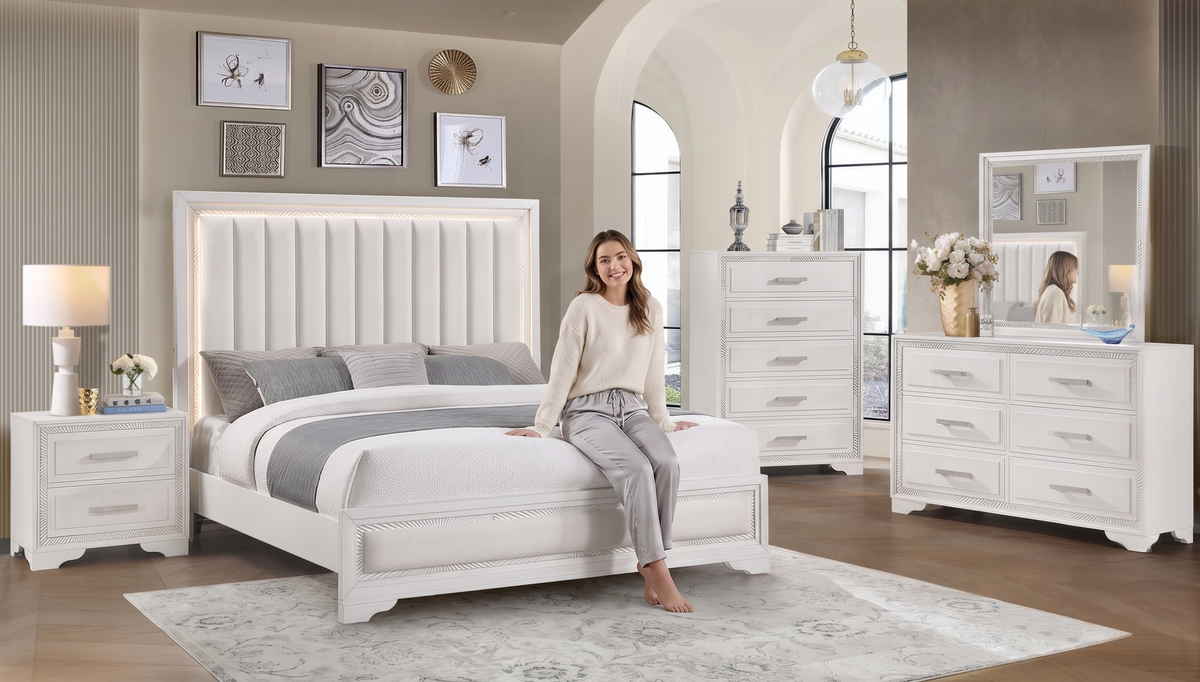 White Contemporary Glam 6-Piece Bedroom Set w/ LED Upholstered Channel Headboard