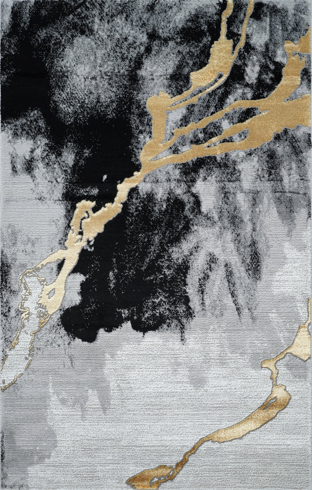 Abstract rug with gold and black patterns on a gray background