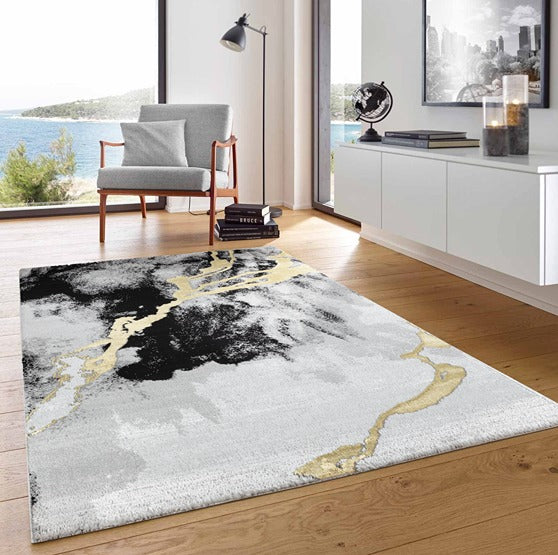 Modern living room with a decorative rug featuring abstract patterns.