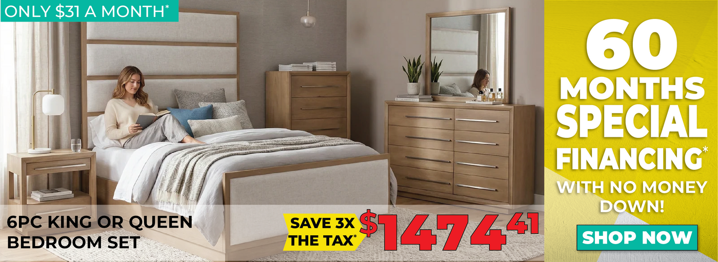 A bedroom furniture set shown in a staged bedroom scene with a woman reclining on the bed, plus matching dresser and mirror. Large promotional text on the right reads '60 MONTHS SPECIAL FINANCING' and 'SHOP NOW,' with pricing and financing callouts across the top and bottom.