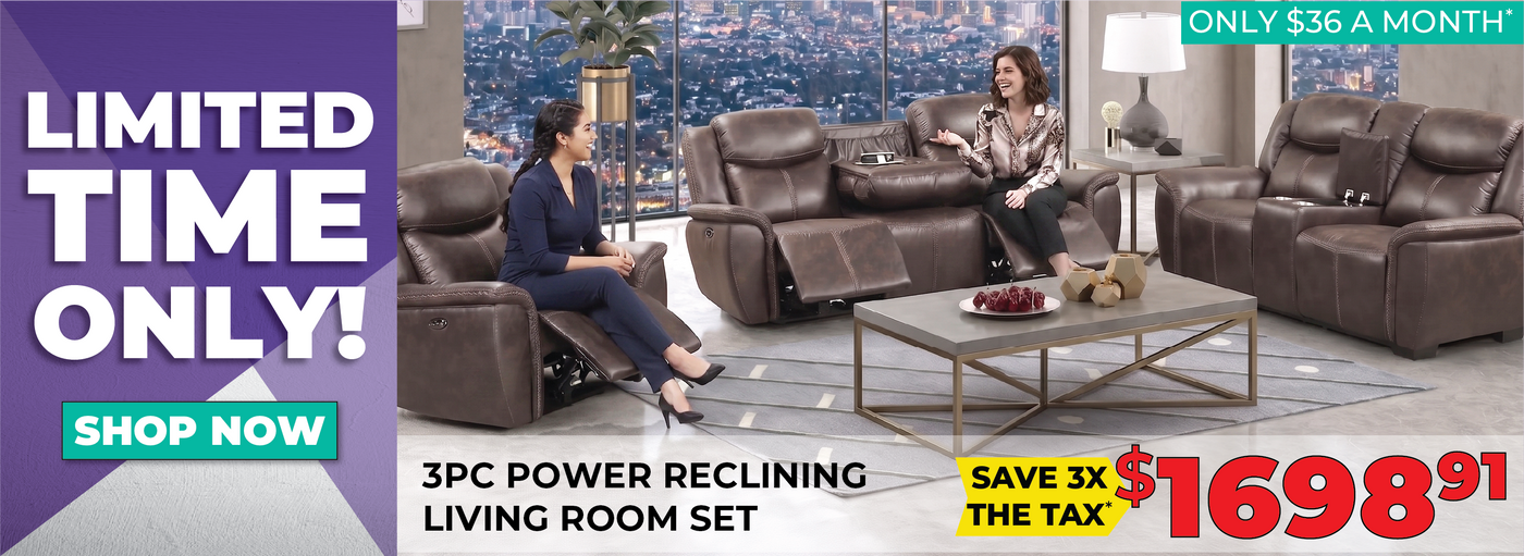 A 3-piece power reclining living room set in dark brown leather, shown with two women sitting in the recliners in a modern living room setting. The ad includes promotional text overlays for a limited time offer and pricing.