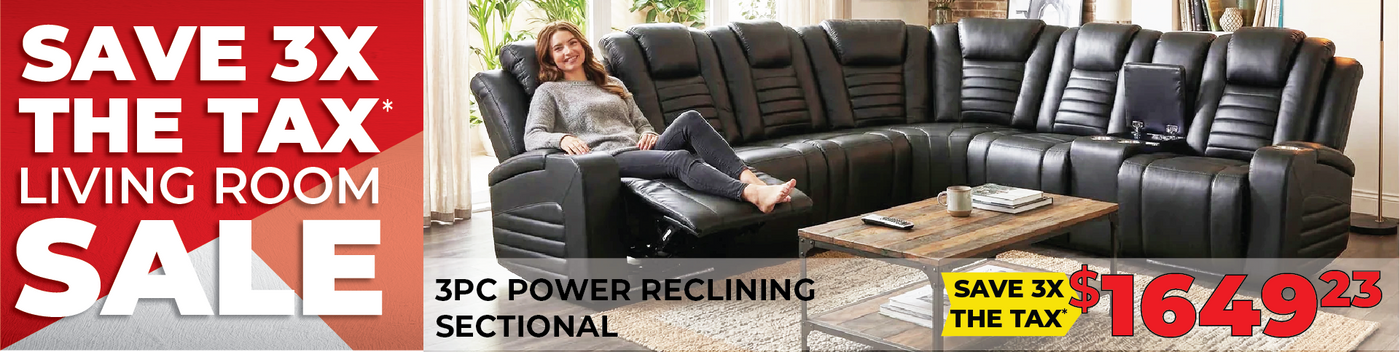 A large promotional banner for a black leather sectional sofa. The image shows a woman sitting on the plush black sectional in a living room setting.