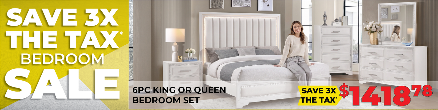 A bedroom furniture sale banner featuring a white upholstered bed set in a bright bedroom scene, with large yellow promotional text reading 'SAVE 3X THE TAX BEDROOM SALE' and pricing '$1418.76'.