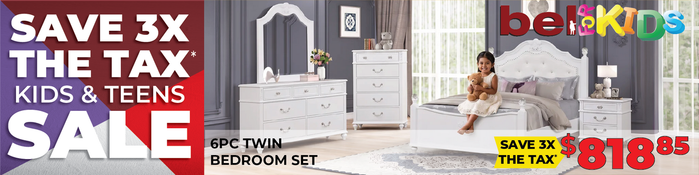 A promotional bedroom set advertisement featuring a white twin-size bed with a white dresser, matching chest, mirror, and nightstand, plus a child sitting on the bed. Large sale text reads 'SAVE 3X THE TAX KIDS & TEENS SALE' and '6PC TWIN BEDROOM SET.